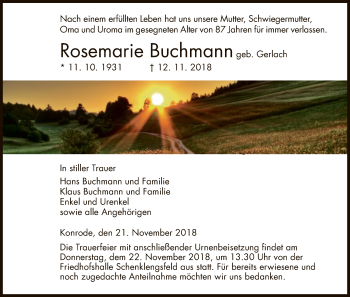 Traueranzeige von Rosemarie Buchmann von Hersfeld