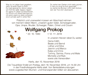 Traueranzeige von Wolfgang Prokop von Hersfeld