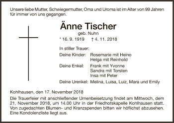 Traueranzeige von Änne Tischer von Hersfeld