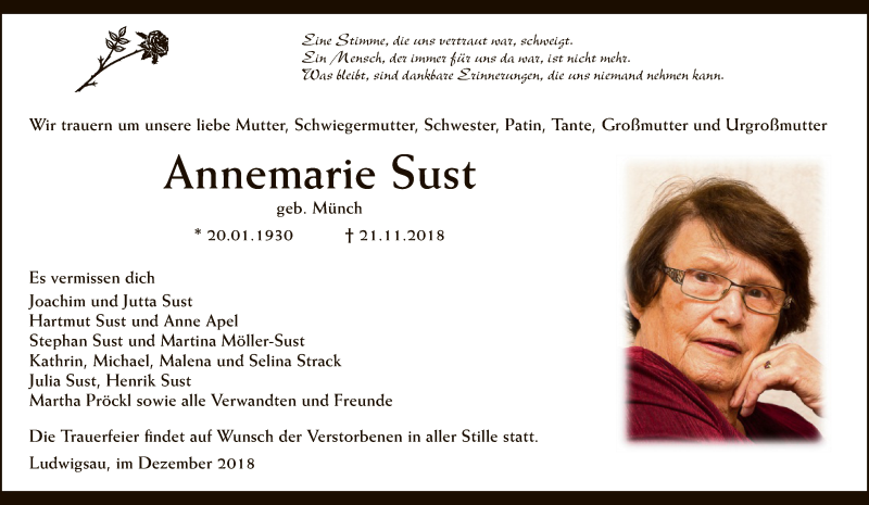  Traueranzeige für Annemarie Sust vom 01.12.2018 aus Hersfeld