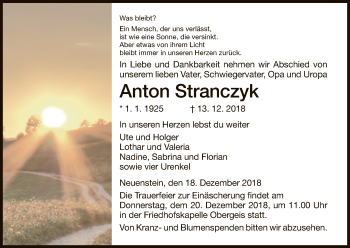 Traueranzeige von Anton Stranczyk von Hersfeld