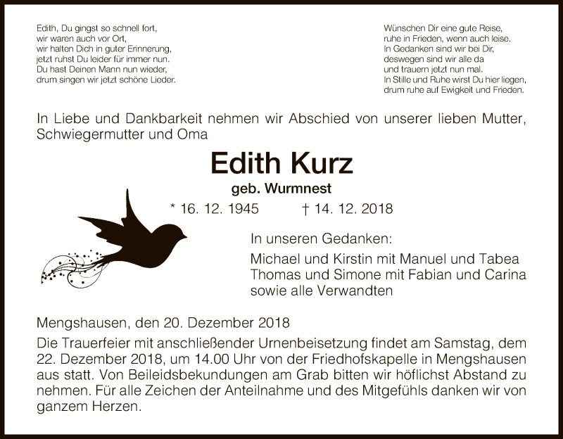  Traueranzeige für Edith Kurz vom 20.12.2018 aus Hersfeld