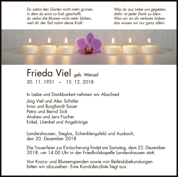 Traueranzeige von Frieda Viel von Hersfeld