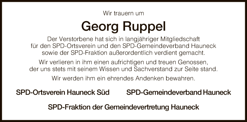  Traueranzeige für Georg Ruppel vom 20.12.2018 aus Hersfeld
