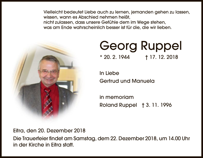  Traueranzeige für Georg Ruppel vom 20.12.2018 aus Hersfeld