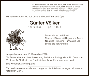 Traueranzeige von Günter Völker von Hersfeld