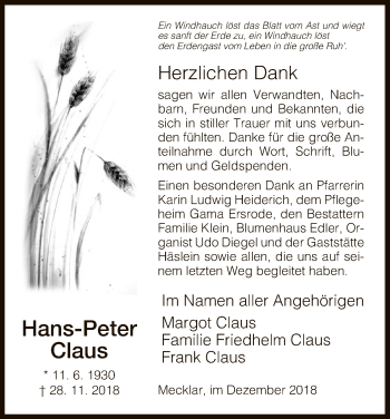 Traueranzeige von Hans-Peter Claus von Hersfeld