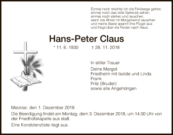 Traueranzeige von Hans-Peter Claus von Hersfeld