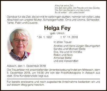 Traueranzeige von Helga Fey von Hersfeld