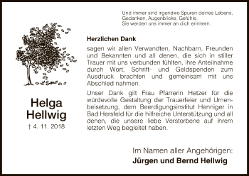 Traueranzeige von Helga Hellwig von Hersfeld