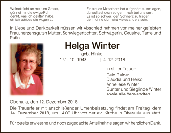 Traueranzeige von Helga Winter von Hersfeld