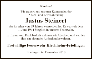 Traueranzeige von Justus Steinert von Hersfeld