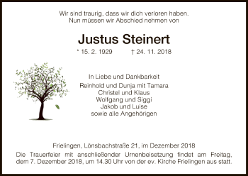 Traueranzeige von Justus Steinert von Hersfeld