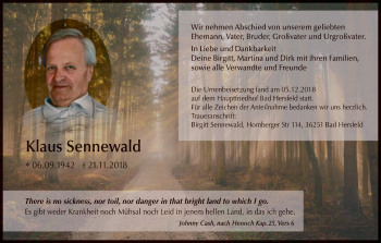 Traueranzeige von Klaus Sennewald von Hersfeld