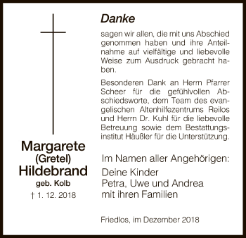 Traueranzeige von Margarete Hildebrand von Hersfeld