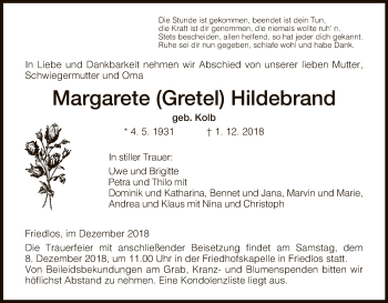 Traueranzeige von Margarete Hildebrand von Hersfeld