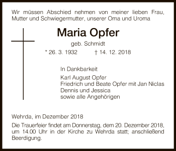 Traueranzeige von Maria Opfer von Hersfeld