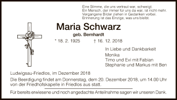 Traueranzeige von Maria Schwarz von Hersfeld