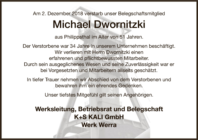  Traueranzeige für Michael Dwornitzki vom 06.12.2018 aus Hersfeld