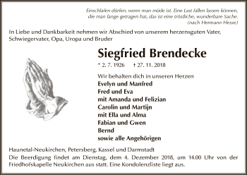 Traueranzeige von Siegfried Brendecke von Hersfeld