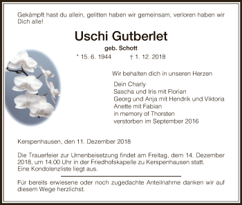 Traueranzeige von Uschi Gutberlet von Hersfeld