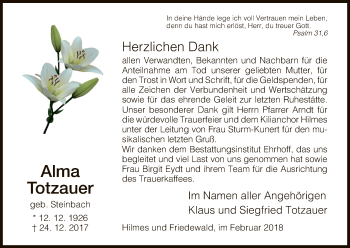 Traueranzeige von Alma Totzauer von Hersfeld