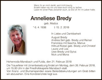 Traueranzeige von Anneliese Bredy von Hersfeld