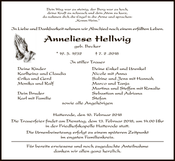 Traueranzeige von Anneliese Hellwig von Hersfeld