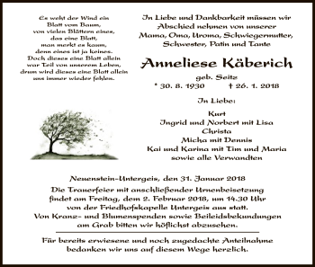 Traueranzeige von Anneliese Käberich von Hersfeld