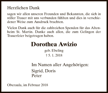 Traueranzeige von Dorothea Awizio von Hersfeld