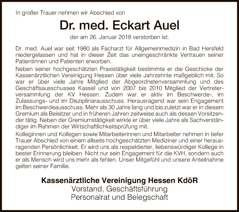  Traueranzeige für Eckart Auel vom 03.02.2018 aus Hersfeld