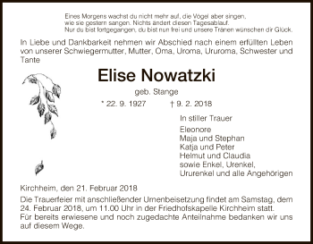 Traueranzeige von Elise Nowatzki von Hersfeld