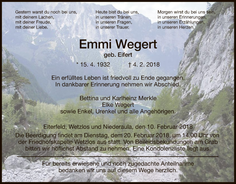  Traueranzeige für Emmi Wegert vom 10.02.2018 aus Hersfeld
