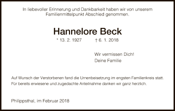 Traueranzeige von Hannelore Beck von Hersfeld