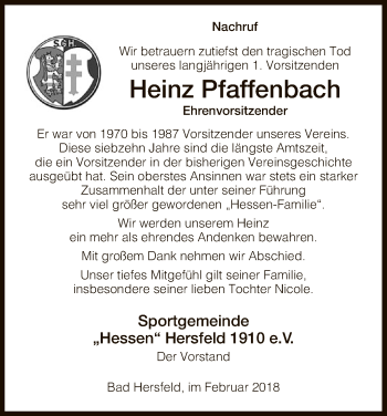 Traueranzeige von Heinz Pfaffenbach von Hersfeld