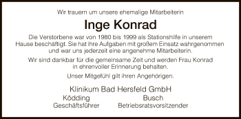 Traueranzeige von Inge Konrad von Hersfeld