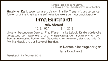 Traueranzeige von Irma Burghardt von Hersfeld