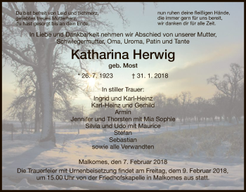 Traueranzeige von Katharina Herwig von Hersfeld