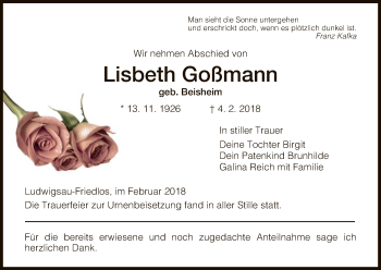 Traueranzeige von Lisbeth Goßmann von Hersfeld