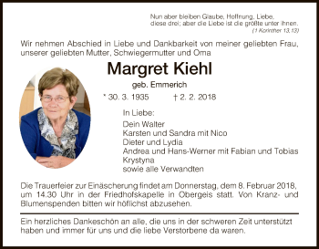 Traueranzeige von Margret Kiehl von Hersfeld