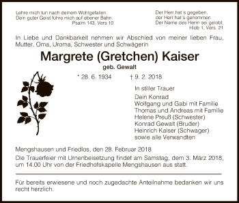 Traueranzeige von Margrete Gretchen Kaiser von Hersfeld