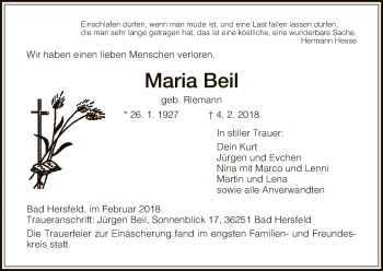 Traueranzeige von Maria Beil von Hersfeld