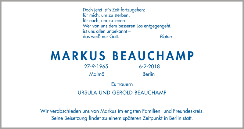  Traueranzeige für Markus Beauchamp vom 17.02.2018 aus Hersfeld