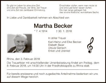 Traueranzeige von Martha Becker von Hersfeld