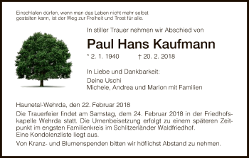 Traueranzeige von Paul Hans Kaufmann von Hersfeld