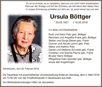 Traueranzeige von Ursula Böttger von Hersfeld