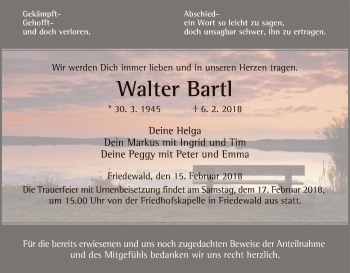 Traueranzeige von Walter Karl Bartl von Hersfeld