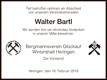 Traueranzeige von Walter Karl Bartl von Hersfeld
