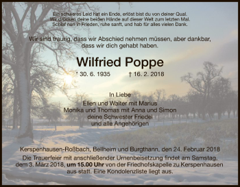 Traueranzeige von Wilfried Poppe von Hersfeld