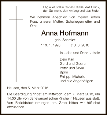 Traueranzeige von Anna Hofmann von Hersfeld